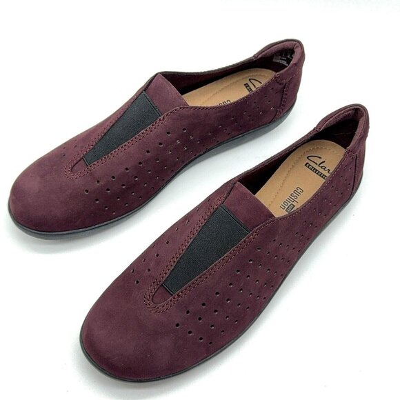 Clarks Shoes Perforated Aubergine Nubuck Leather Slip On Medora Gemma Sz 9 M - Picture 6 of 9
